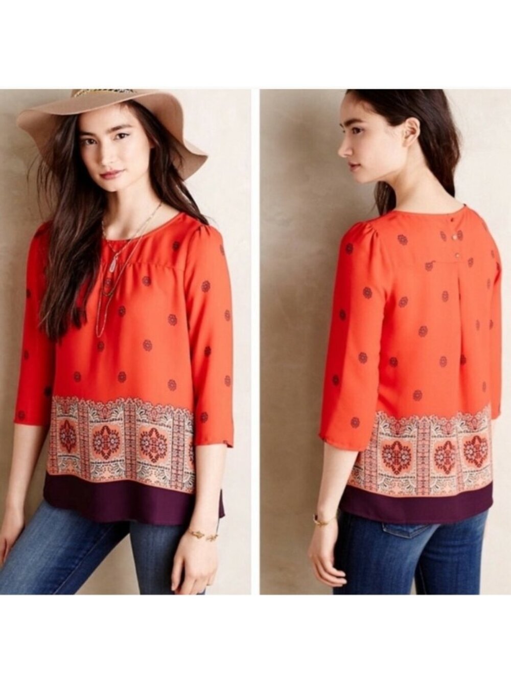 Maeve Anthropologie Rila Red Floral Bordered Boho 3/4 Sleeve Blouse Womens 2